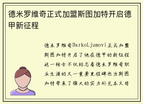 德米罗维奇正式加盟斯图加特开启德甲新征程