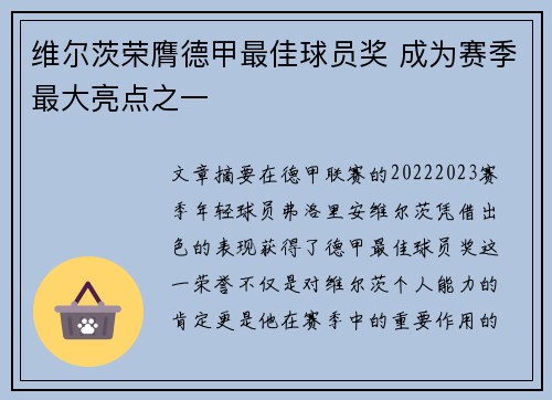 维尔茨荣膺德甲最佳球员奖 成为赛季最大亮点之一